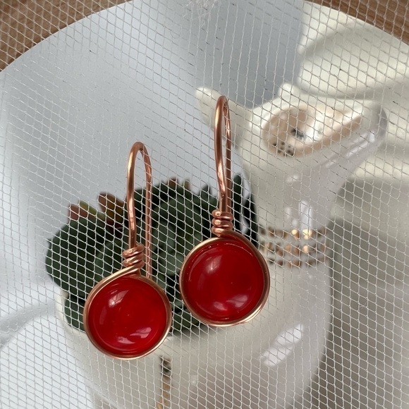 Red Jade and Copper Wire Wrapped Minimalist Earrings - Picture 13 of 13